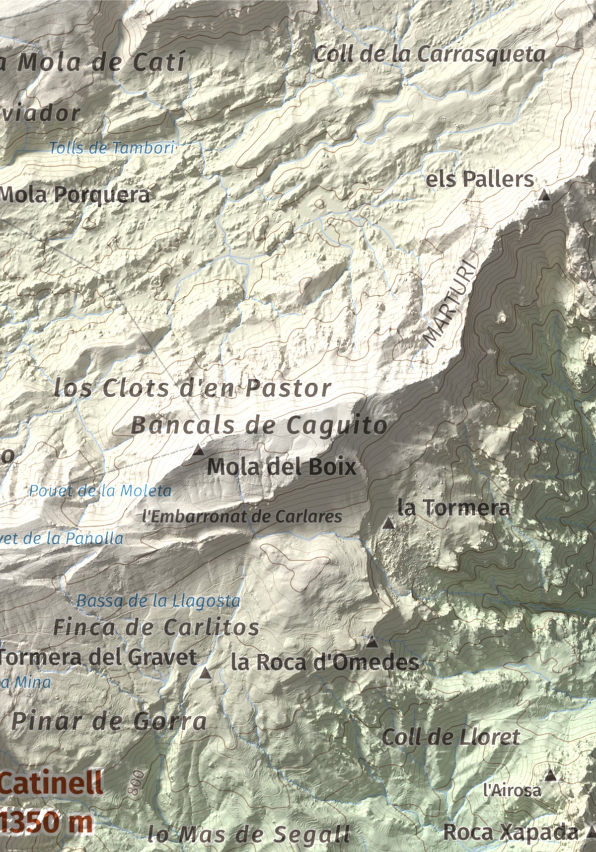 Mapa de relieve de Catinell, 1350 m, Baix Ebre · Montsià, lámina 100 Cims de Trobart. Detalle de la zona superior derecha. 21 × 30 cm.