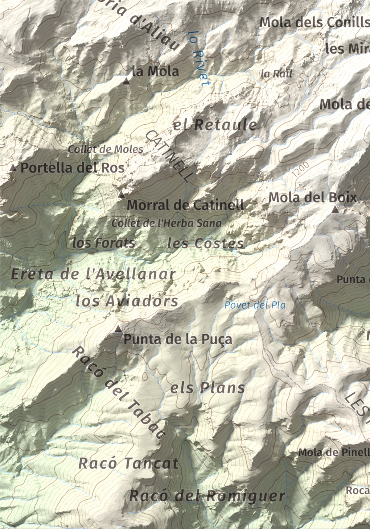 Mapa de relieve de Catinell, 1350 m, Baix Ebre · Montsià, lámina 100 Cims de Trobart. Detalle de la zona inferior izquierda. 21 × 30 cm.