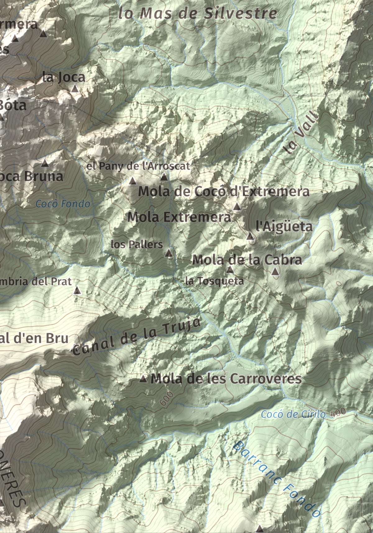 Mapa de relieve de Catinell, 1350 m, Baix Ebre · Montsià, lámina 100 Cims de Trobart. Detalle de la zona inferior derecha. 21 × 30 cm.