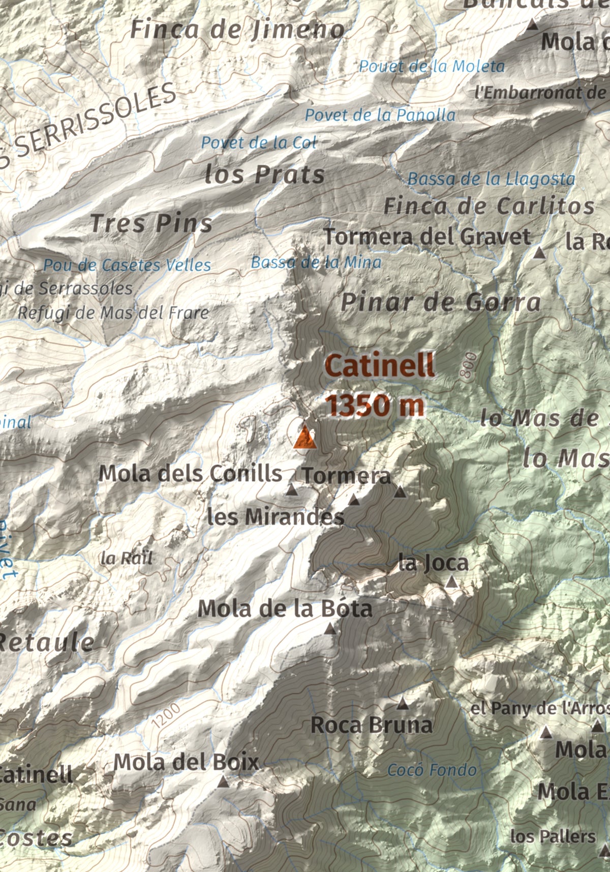 Mapa de relieve de Catinell, 1350 m, Baix Ebre · Montsià, lámina 100 Cims de Trobart. Detalle de la zona central. 21 × 30 cm.