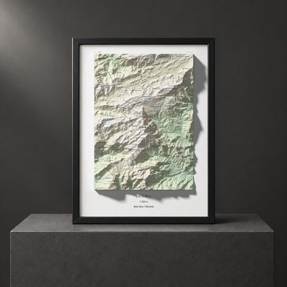Mapa de relieve de Catinell, 1350 m, Baix Ebre · Montsià, lámina 100 Cims de Trobart. Presentación enmarcada. 30 × 40 cm.