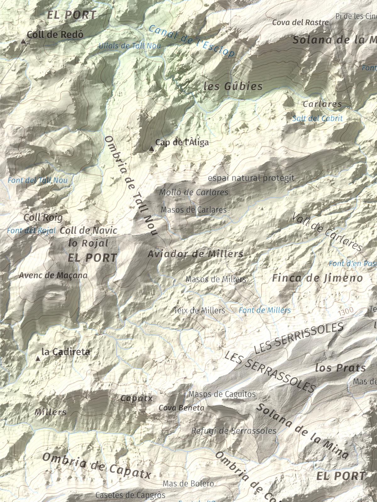 Mapa de relieve de Catinell, 1350 m, Baix Ebre · Montsià, lámina 100 Cims de Trobart. Detalle de la zona superior izquierda. 30 × 40 cm.