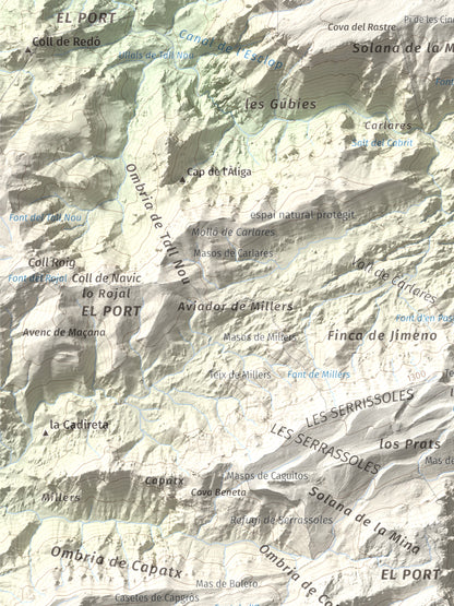 Mapa de relieve de Catinell, 1350 m, Baix Ebre · Montsià, lámina 100 Cims de Trobart. Detalle de la zona superior izquierda. 30 × 40 cm.