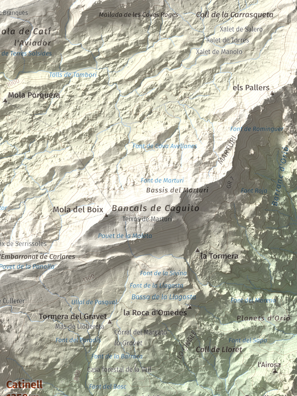 Mapa de relieve de Catinell, 1350 m, Baix Ebre · Montsià, lámina 100 Cims de Trobart. Detalle de la zona superior derecha. 30 × 40 cm.