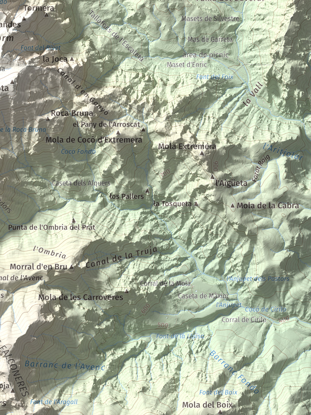 Mapa de relieve de Catinell, 1350 m, Baix Ebre · Montsià, lámina 100 Cims de Trobart. Detalle de la zona inferior derecha. 30 × 40 cm.