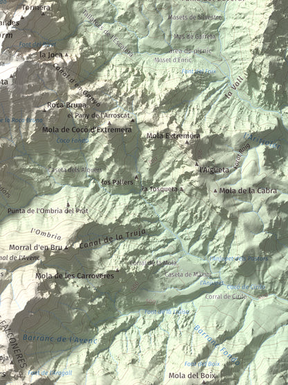 Mapa de relieve de Catinell, 1350 m, Baix Ebre · Montsià, lámina 100 Cims de Trobart. Detalle de la zona inferior derecha. 30 × 40 cm.