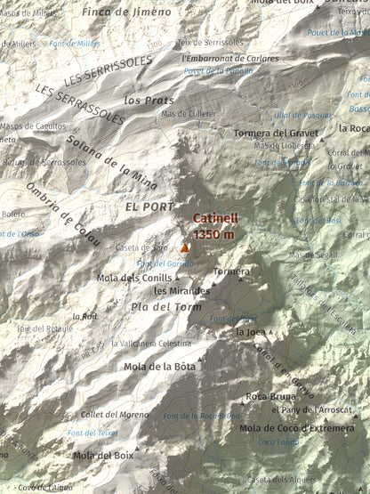 Mapa de relieve de Catinell, 1350 m, Baix Ebre · Montsià, lámina 100 Cims de Trobart. Detalle de la zona central. 30 × 40 cm.