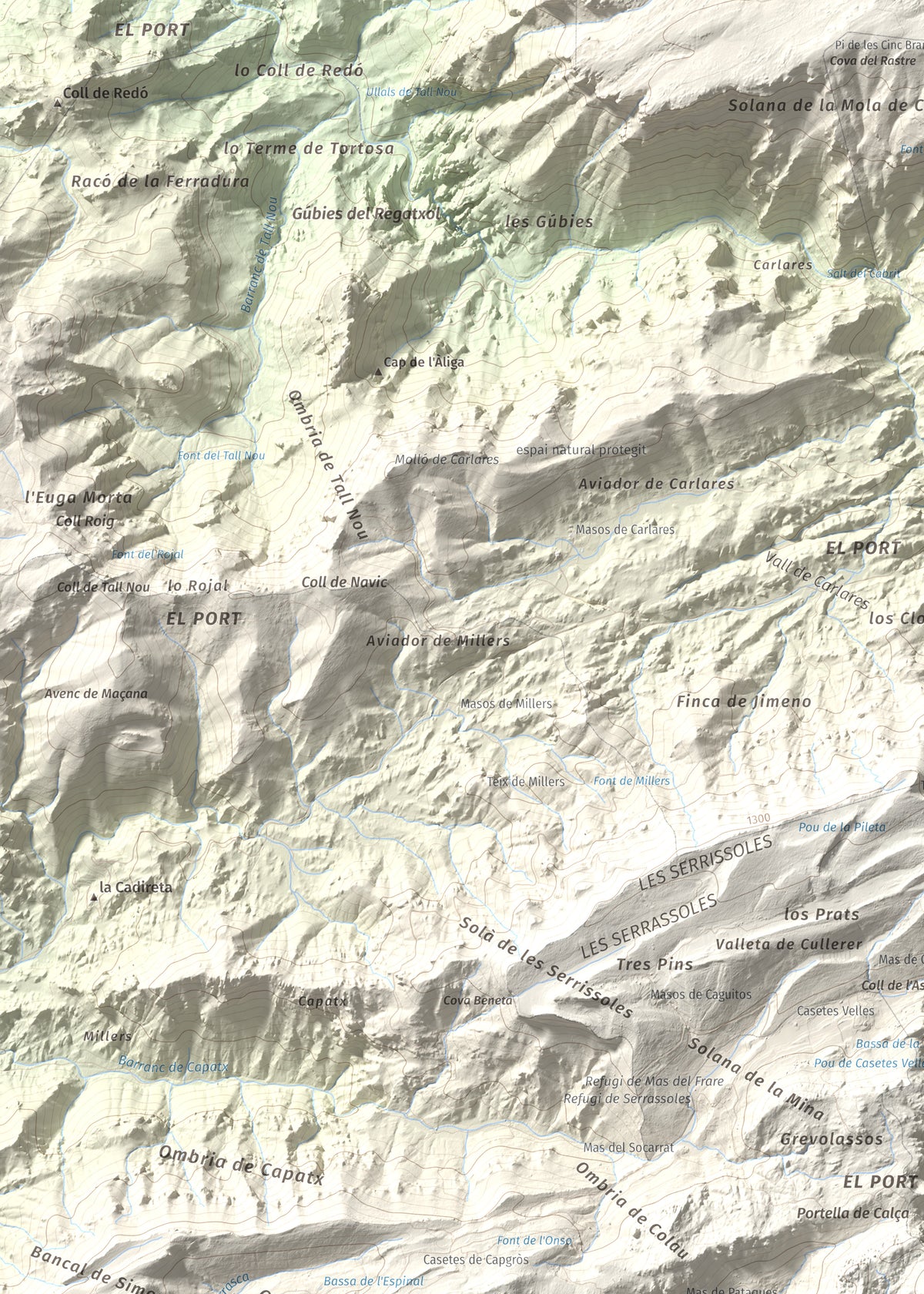 Mapa de relieve de Catinell, 1350 m, Baix Ebre · Montsià, lámina 100 Cims de Trobart. Detalle de la zona superior izquierda. 50 × 70 cm.