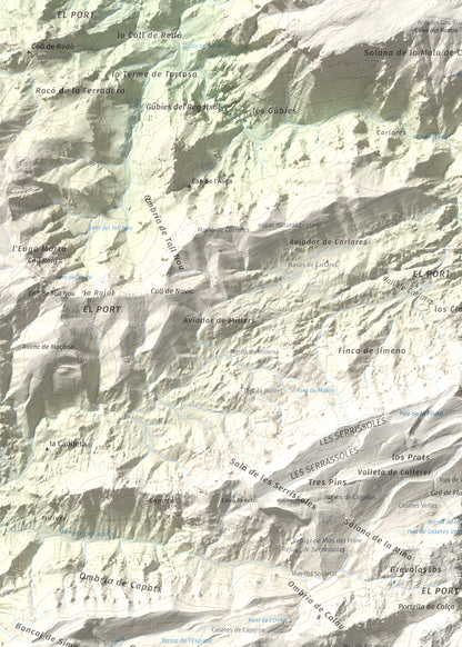 Mapa de relieve de Catinell, 1350 m, Baix Ebre · Montsià, lámina 100 Cims de Trobart. Detalle de la zona superior izquierda. 50 × 70 cm.