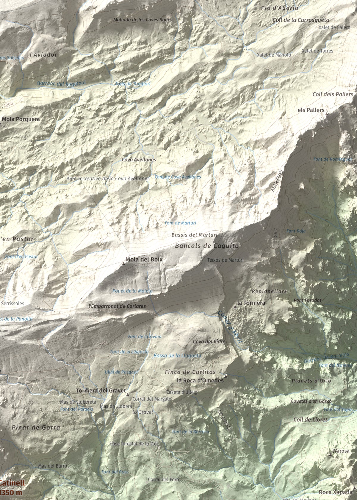 Mapa de relieve de Catinell, 1350 m, Baix Ebre · Montsià, lámina 100 Cims de Trobart. Detalle de la zona superior derecha. 50 × 70 cm.