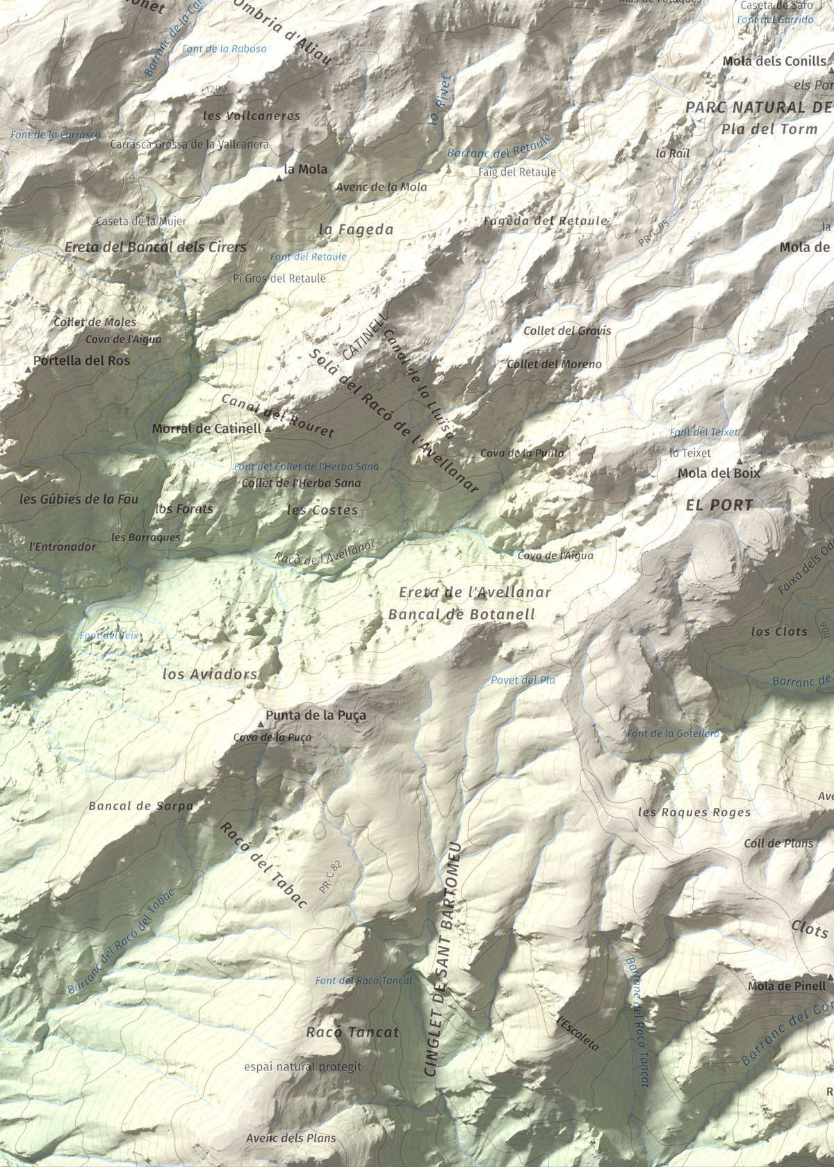 Mapa de relieve de Catinell, 1350 m, Baix Ebre · Montsià, lámina 100 Cims de Trobart. Detalle de la zona inferior izquierda. 50 × 70 cm.
