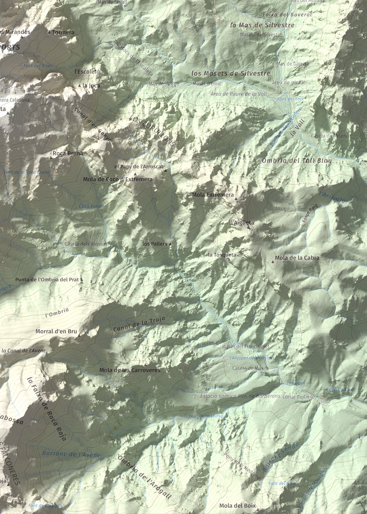 Mapa de relieve de Catinell, 1350 m, Baix Ebre · Montsià, lámina 100 Cims de Trobart. Detalle de la zona inferior derecha. 50 × 70 cm.
