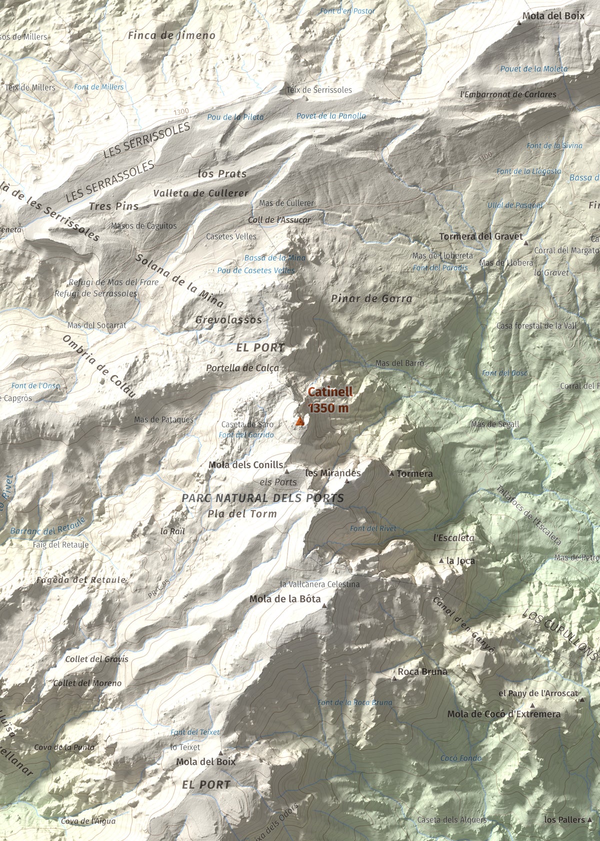 Mapa de relieve de Catinell, 1350 m, Baix Ebre · Montsià, lámina 100 Cims de Trobart. Detalle de la zona central. 50 × 70 cm.