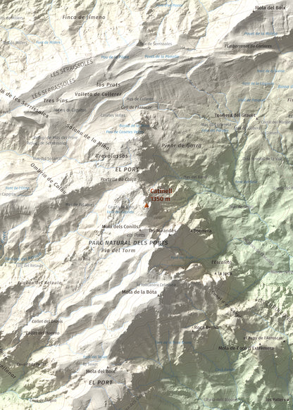 Mapa de relieve de Catinell, 1350 m, Baix Ebre · Montsià, lámina 100 Cims de Trobart. Detalle de la zona central. 50 × 70 cm.