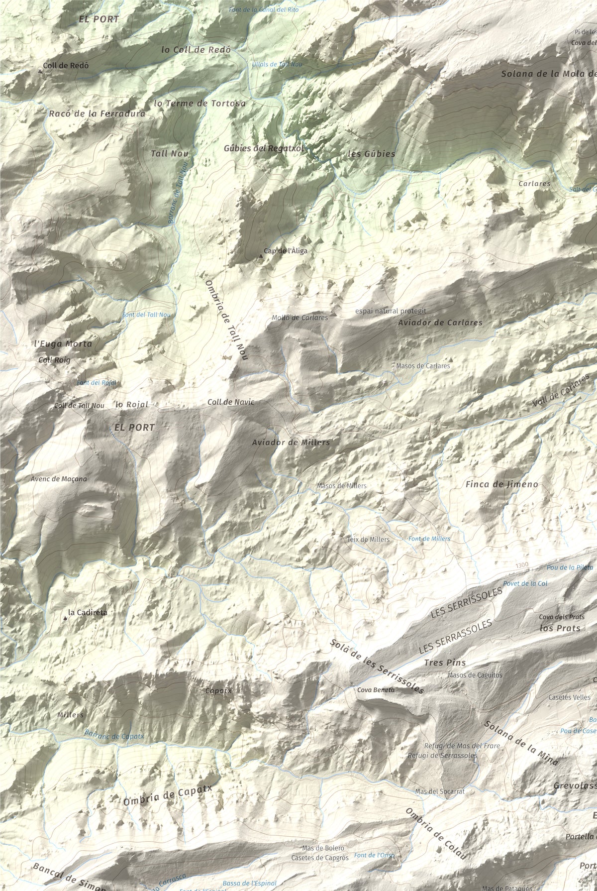 Mapa de relieve de Catinell, 1350 m, Baix Ebre · Montsià, lámina 100 Cims de Trobart. Detalle de la zona superior izquierda. 61 × 91 cm.