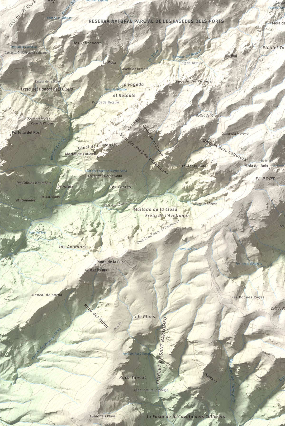 Mapa de relieve de Catinell, 1350 m, Baix Ebre · Montsià, lámina 100 Cims de Trobart. Detalle de la zona inferior izquierda. 61 × 91 cm.