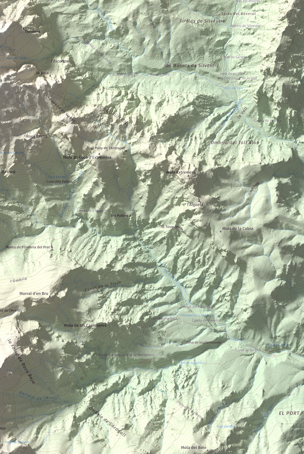 Mapa de relieve de Catinell, 1350 m, Baix Ebre · Montsià, lámina 100 Cims de Trobart. Detalle de la zona inferior derecha. 61 × 91 cm.