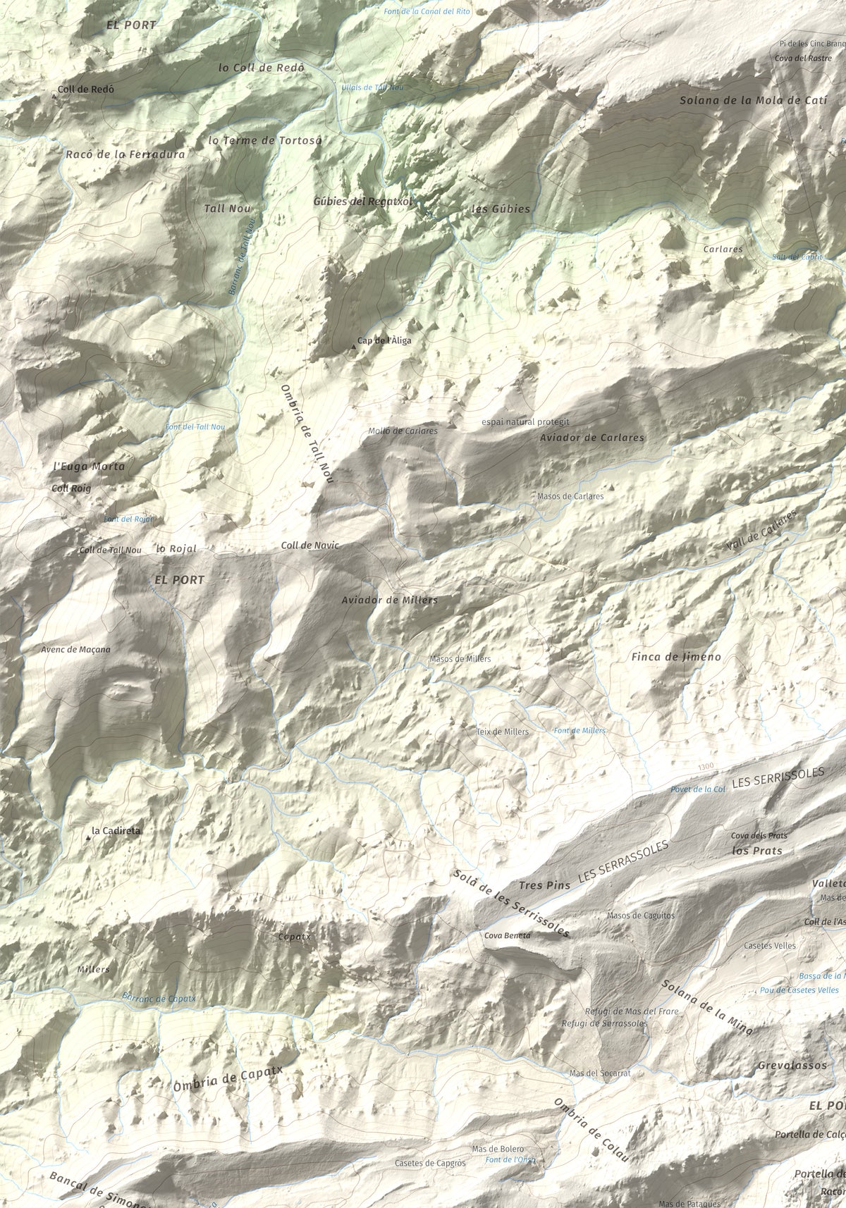Mapa de relieve de Catinell, 1350 m, Baix Ebre · Montsià, lámina 100 Cims de Trobart. Detalle de la zona superior izquierda. 70 × 100 cm.