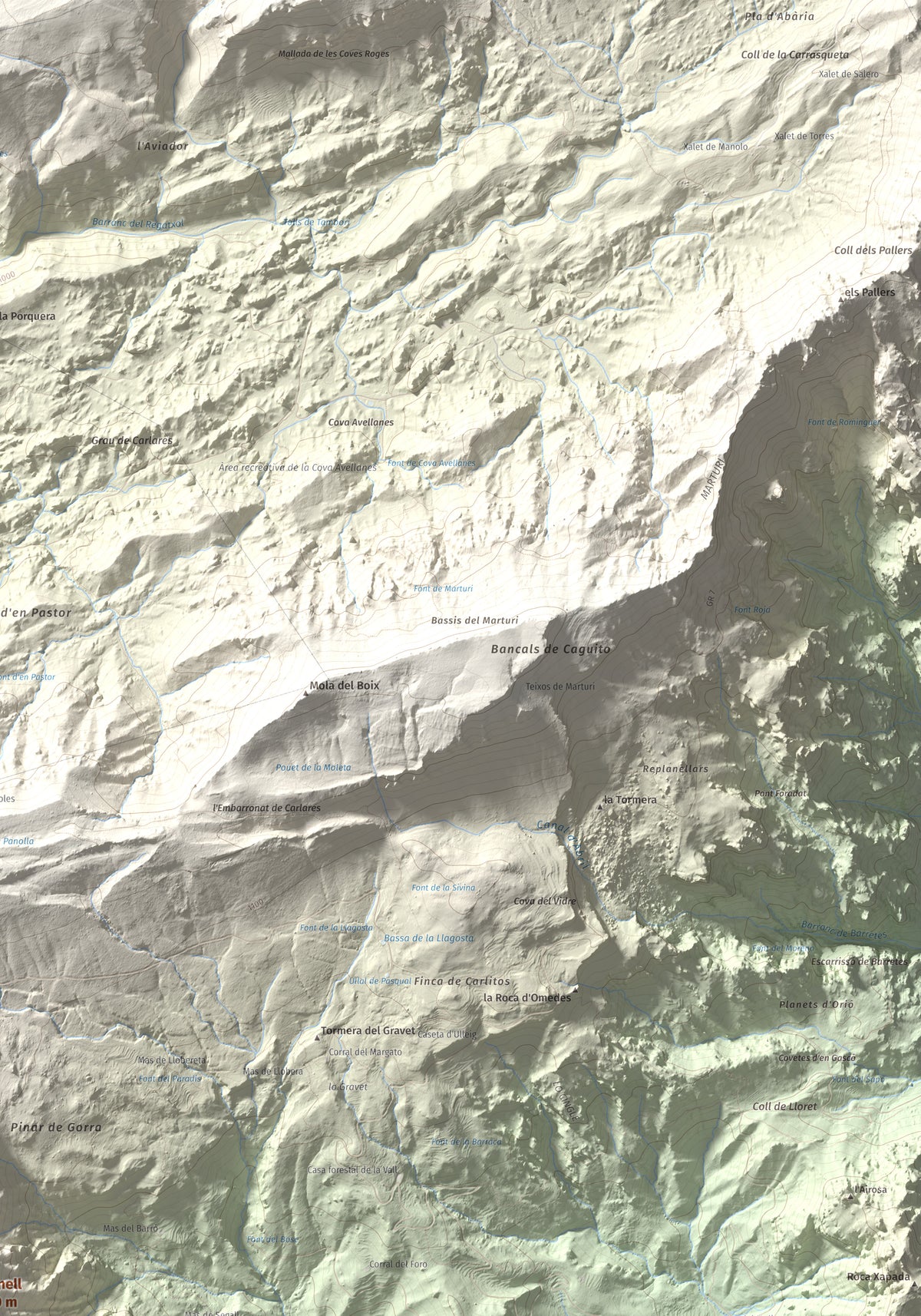 Mapa de relieve de Catinell, 1350 m, Baix Ebre · Montsià, lámina 100 Cims de Trobart. Detalle de la zona superior derecha. 70 × 100 cm.