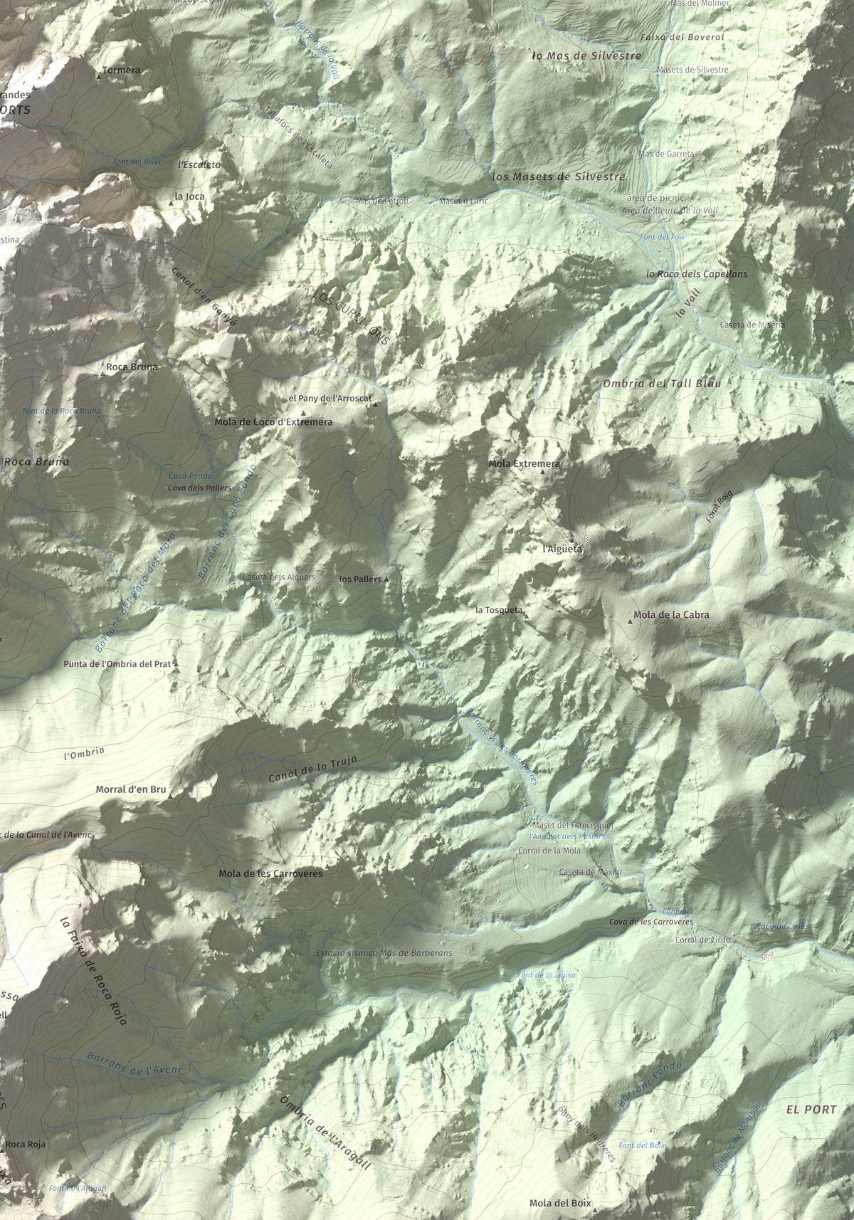 Mapa de relieve de Catinell, 1350 m, Baix Ebre · Montsià, lámina 100 Cims de Trobart. Detalle de la zona inferior derecha. 70 × 100 cm.