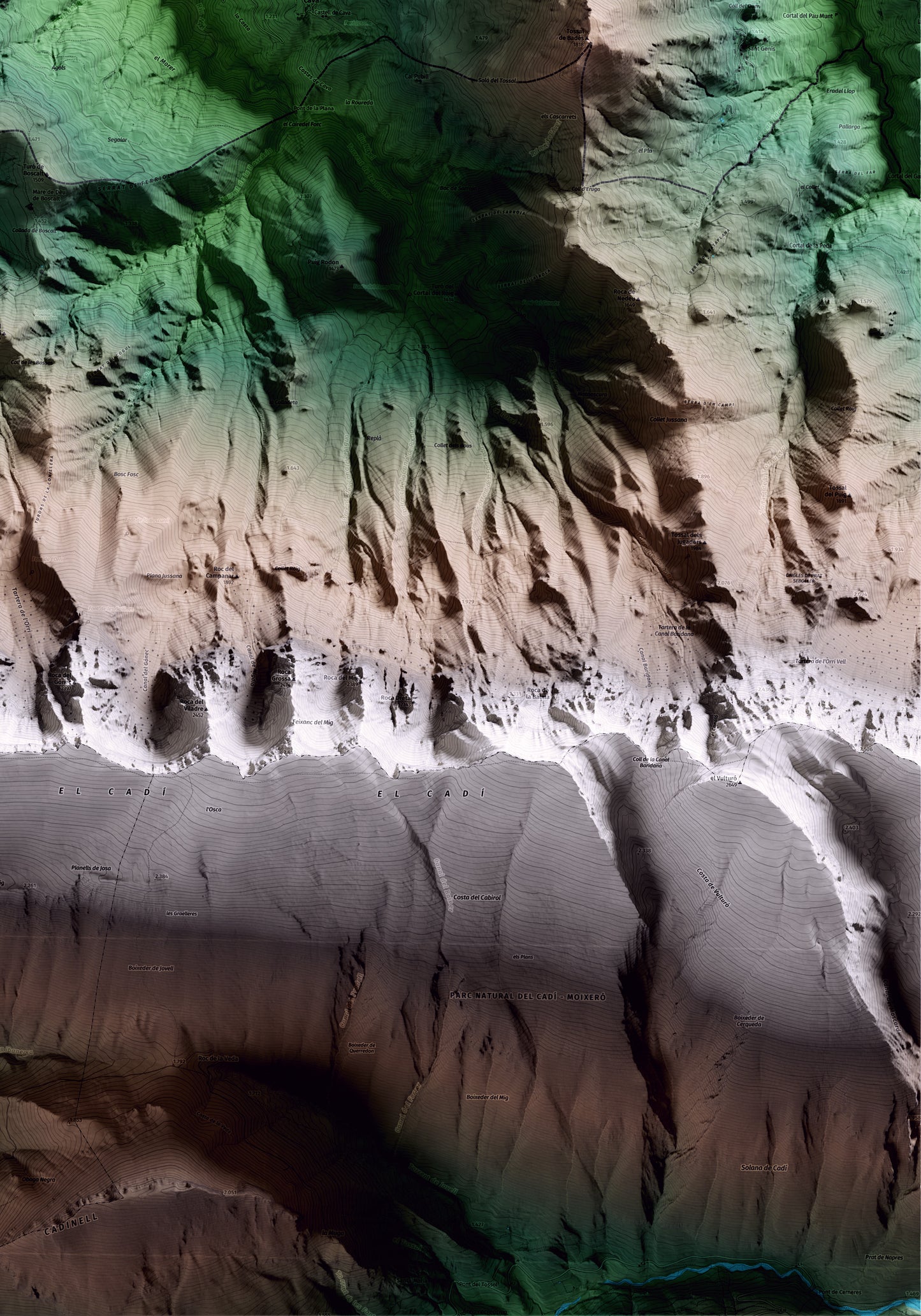 Mapa artístico del relieve de Cava, al Alt Urgell, con 15 km de entorno y base topográfica ICGC. Detalle de la zona inferior derecha.