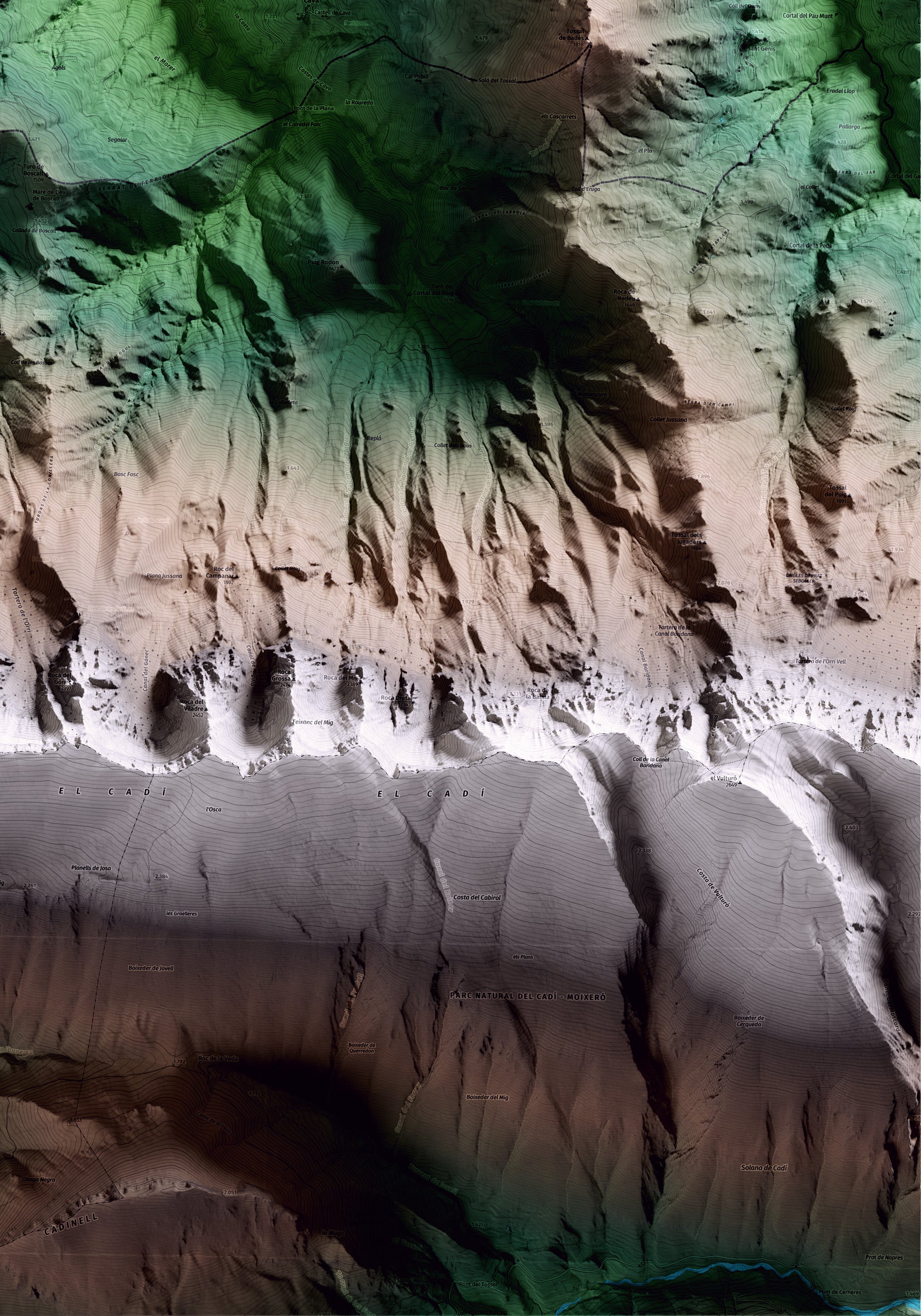 Mapa artístico del relieve de Cava, al Alt Urgell, con 15 km de entorno y base topográfica ICGC. Detalle de la zona inferior derecha.