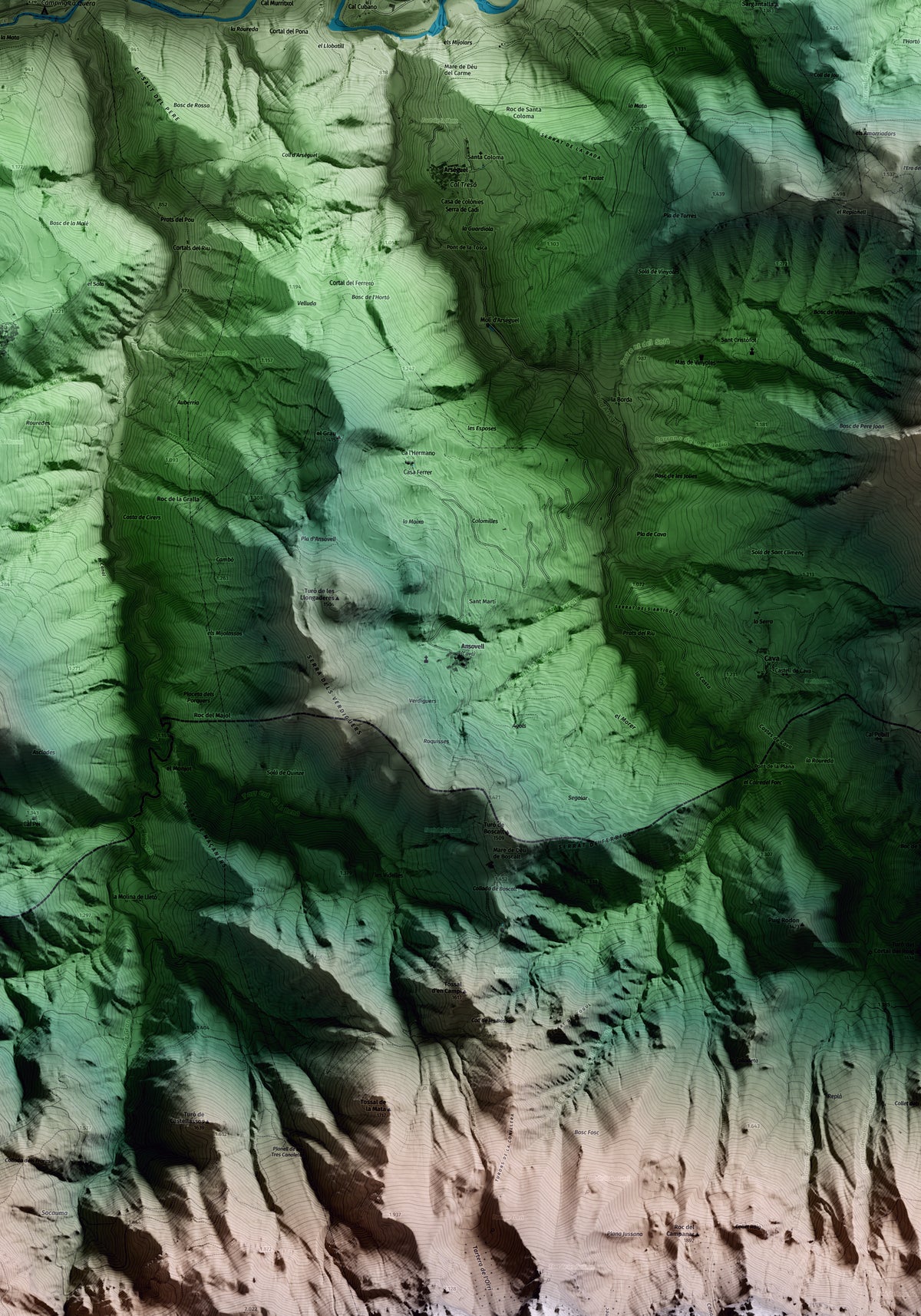 Mapa artístico del relieve de Cava, al Alt Urgell, con 15 km de entorno y base topográfica ICGC. Detalle de la zona central.