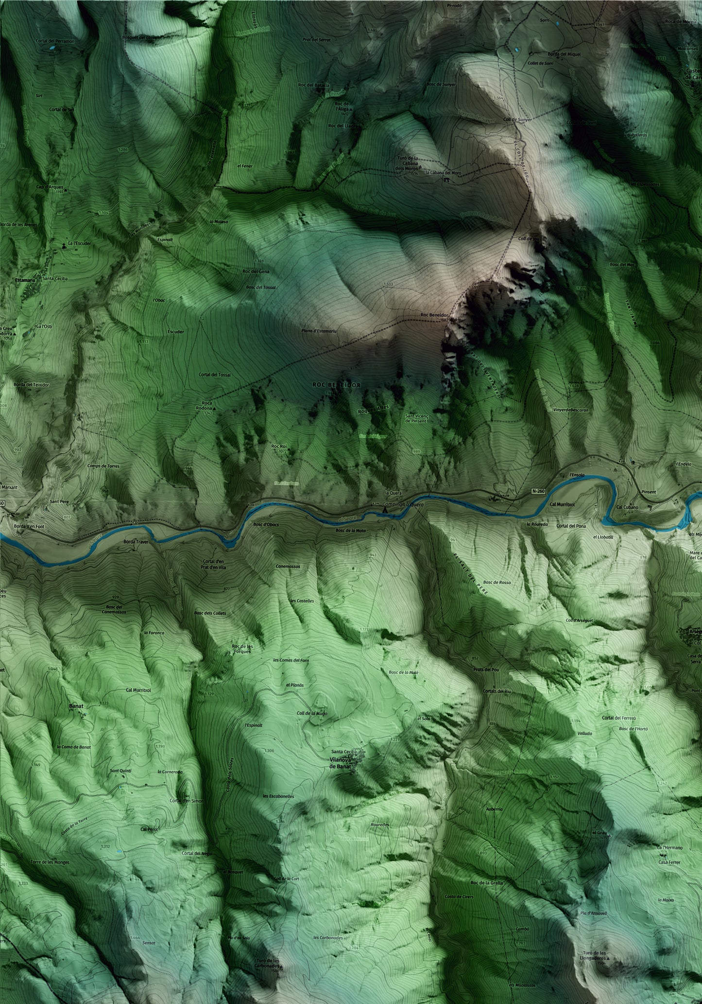 Mapa artístico del relieve de Cava, al Alt Urgell, con 15 km de entorno y base topográfica ICGC. Detalle de la zona superior izquierda.