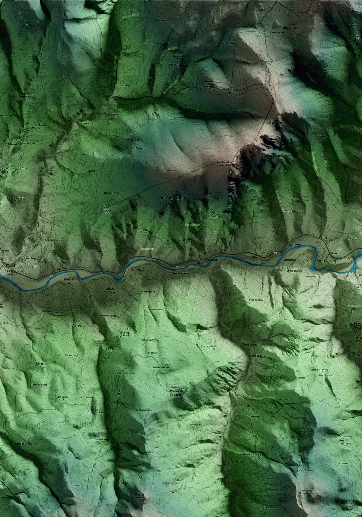 Mapa artístico del relieve de Cava, al Alt Urgell, con 15 km de entorno y base topográfica ICGC. Detalle de la zona superior izquierda.
