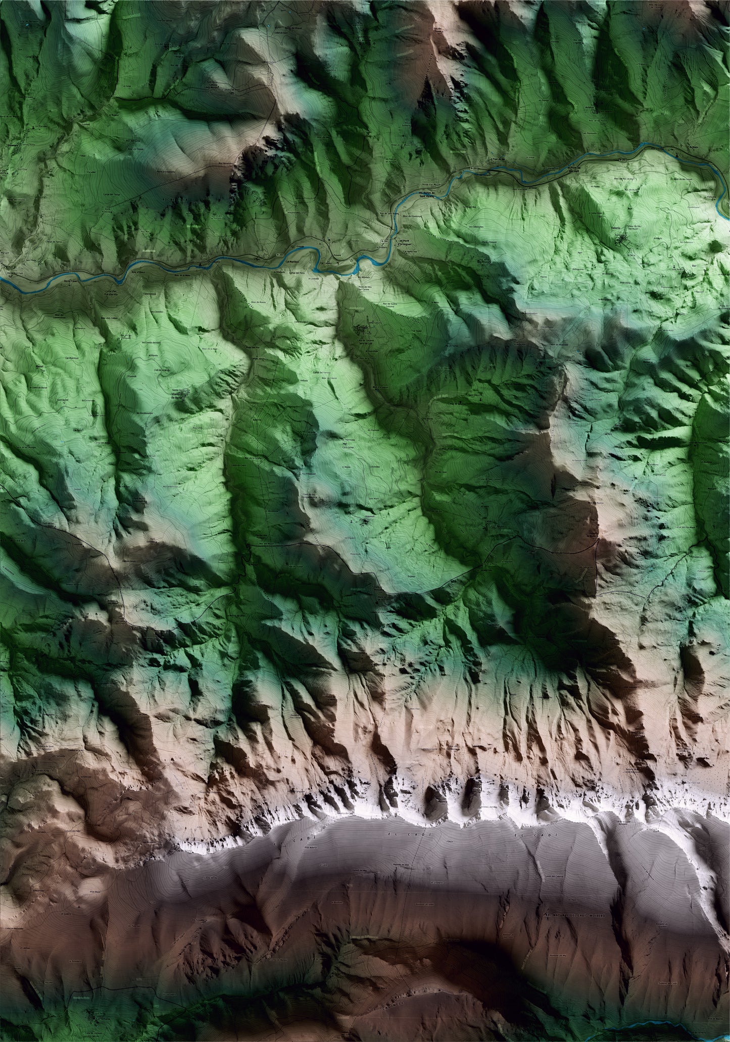 Mapa artístico del relieve de Cava, al Alt Urgell, con 15 km de entorno y base topográfica ICGC