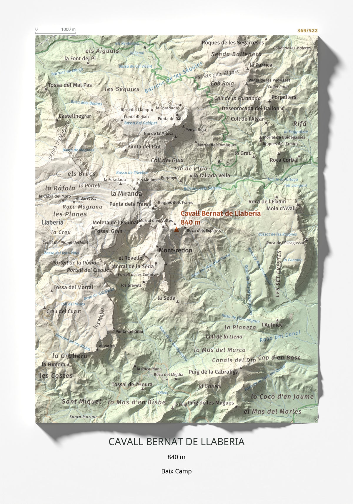 Mapa de relieve de Cavall Bernat de Llaberia, 840 m, Baix Camp, lámina 100 Cims de Trobart 21 × 30 cm.