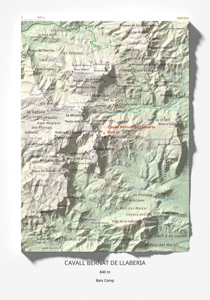 Mapa de relieve de Cavall Bernat de Llaberia, 840 m, Baix Camp, lámina 100 Cims de Trobart 21 × 30 cm.