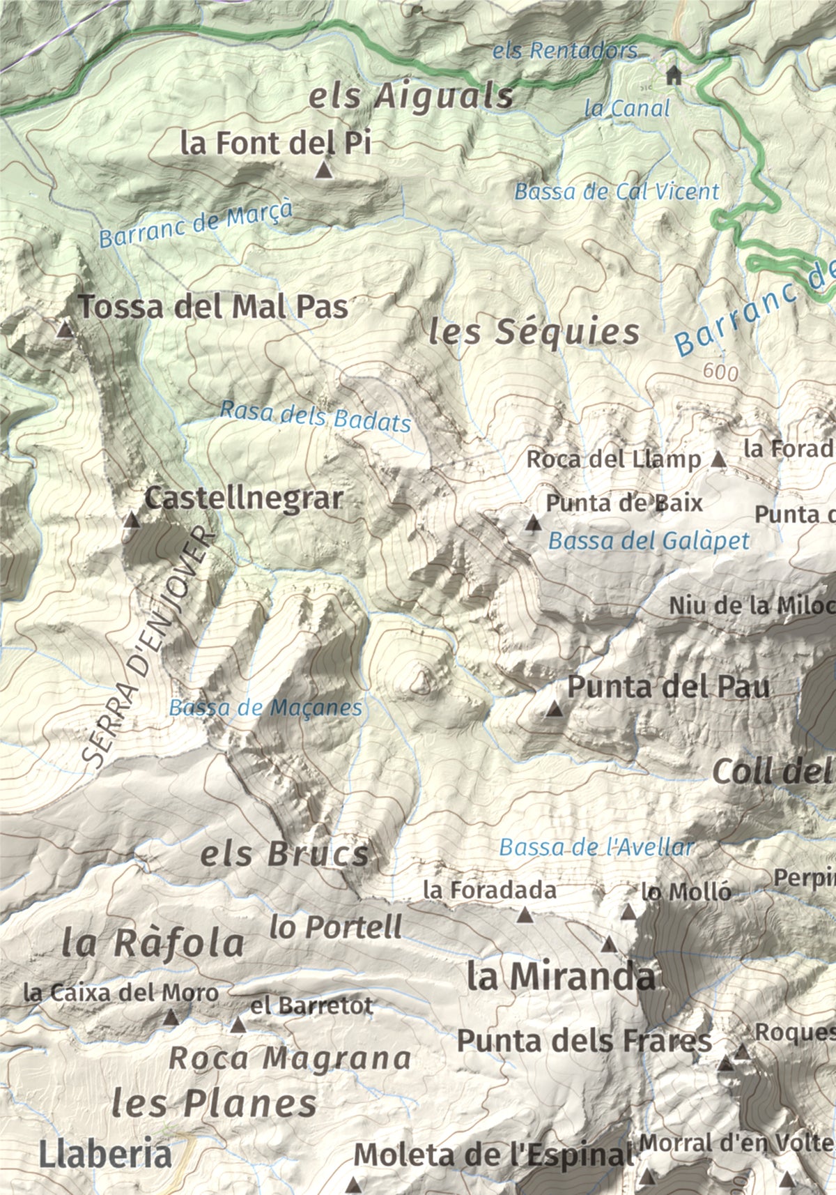 Mapa de relieve de Cavall Bernat de Llaberia, 840 m, Baix Camp, lámina 100 Cims de Trobart. Detalle de la zona superior izquierda. 21 × 30 cm.
