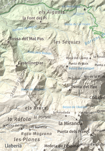 Mapa de relieve de Cavall Bernat de Llaberia, 840 m, Baix Camp, lámina 100 Cims de Trobart. Detalle de la zona superior izquierda. 21 × 30 cm.