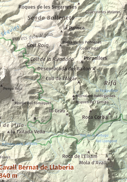 Mapa de relieve de Cavall Bernat de Llaberia, 840 m, Baix Camp, lámina 100 Cims de Trobart. Detalle de la zona superior derecha. 21 × 30 cm.