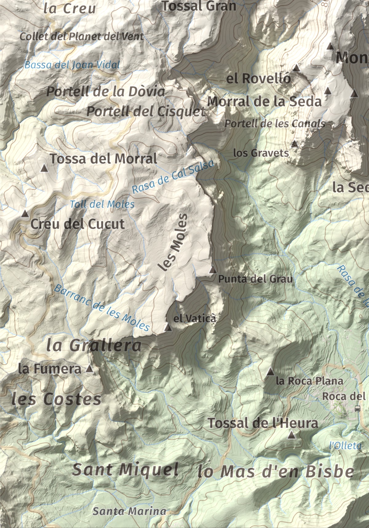 Mapa de relieve de Cavall Bernat de Llaberia, 840 m, Baix Camp, lámina 100 Cims de Trobart. Detalle de la zona inferior izquierda. 21 × 30 cm.