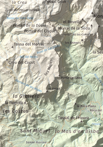 Mapa de relieve de Cavall Bernat de Llaberia, 840 m, Baix Camp, lámina 100 Cims de Trobart. Detalle de la zona inferior izquierda. 21 × 30 cm.