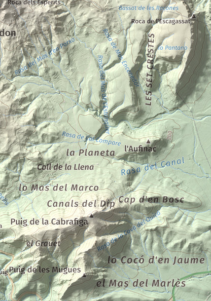 Mapa de relieve de Cavall Bernat de Llaberia, 840 m, Baix Camp, lámina 100 Cims de Trobart. Detalle de la zona inferior derecha. 21 × 30 cm.