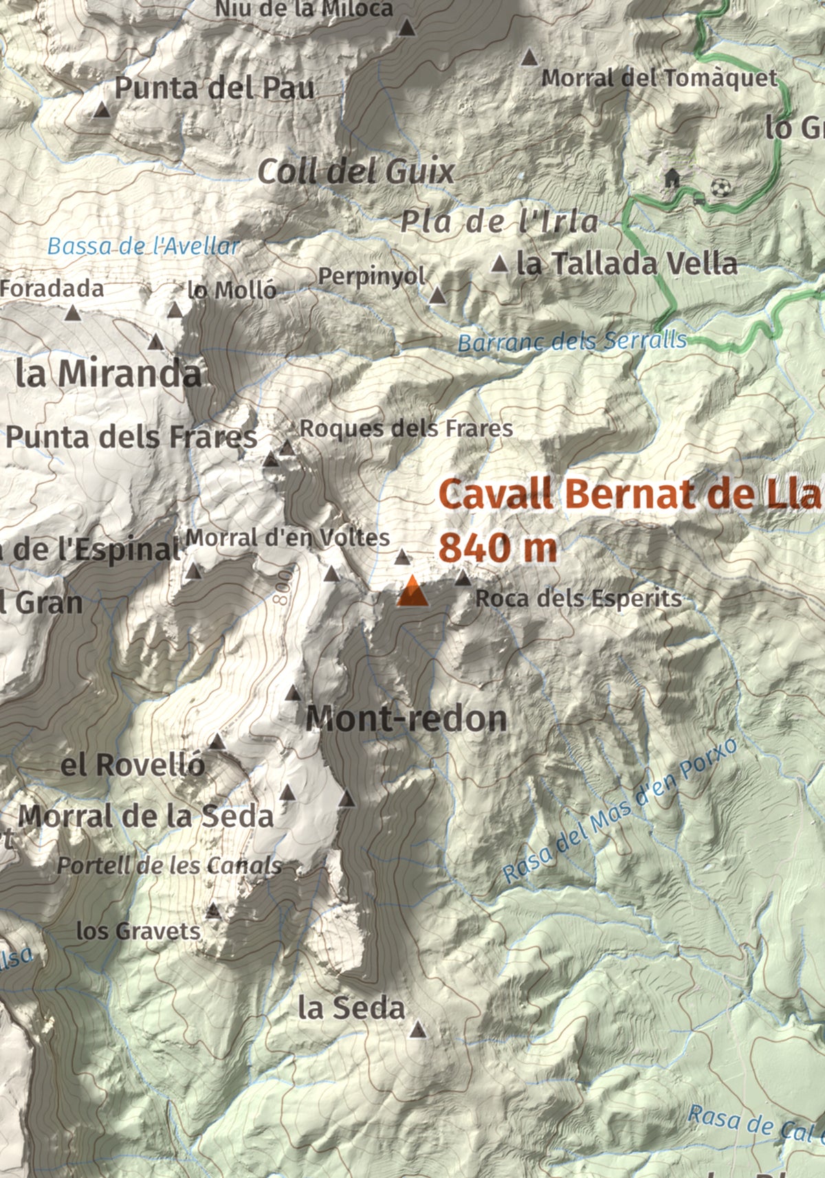 Mapa de relieve de Cavall Bernat de Llaberia, 840 m, Baix Camp, lámina 100 Cims de Trobart. Detalle de la zona central. 21 × 30 cm.
