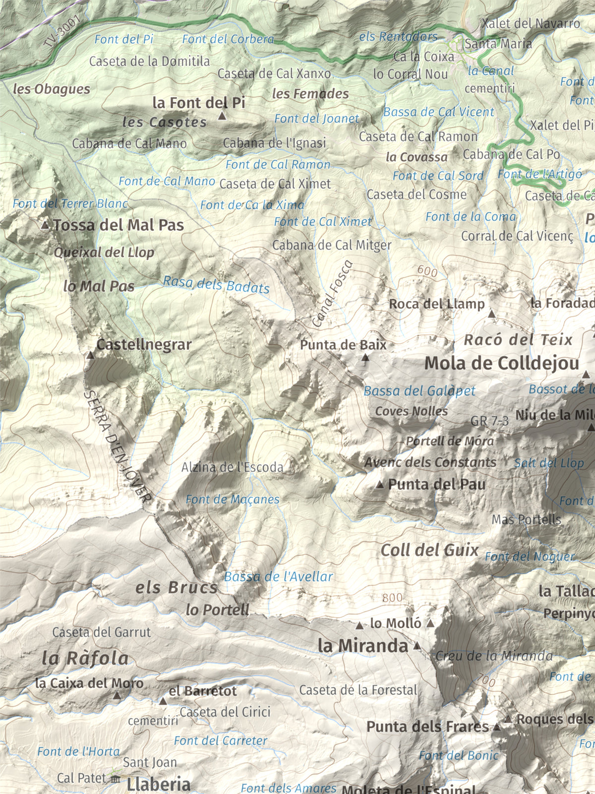 Mapa de relieve de Cavall Bernat de Llaberia, 840 m, Baix Camp, lámina 100 Cims de Trobart. Detalle de la zona superior izquierda. 30 × 40 cm.