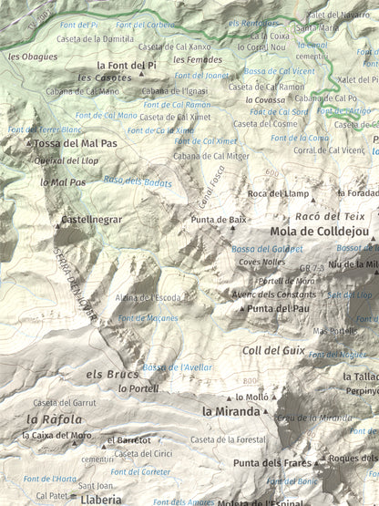 Mapa de relieve de Cavall Bernat de Llaberia, 840 m, Baix Camp, lámina 100 Cims de Trobart. Detalle de la zona superior izquierda. 30 × 40 cm.