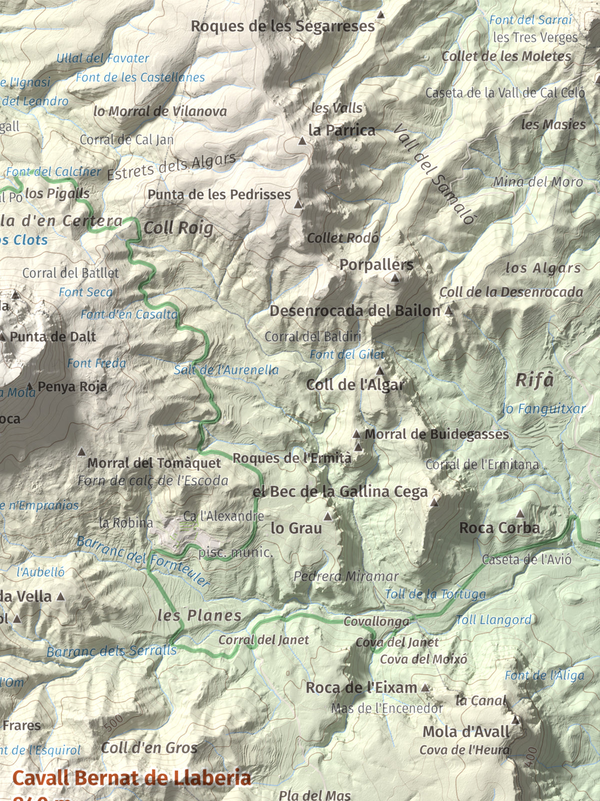 Mapa de relieve de Cavall Bernat de Llaberia, 840 m, Baix Camp, lámina 100 Cims de Trobart. Detalle de la zona superior derecha. 30 × 40 cm.