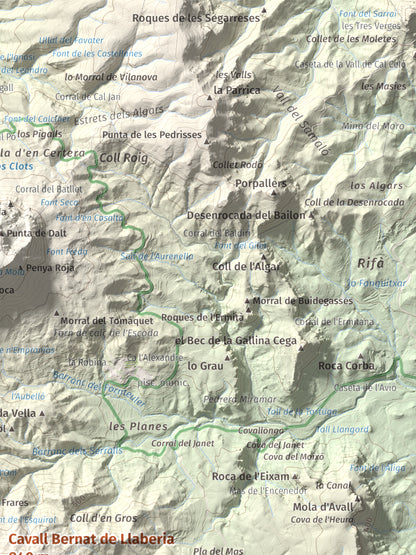 Mapa de relieve de Cavall Bernat de Llaberia, 840 m, Baix Camp, lámina 100 Cims de Trobart. Detalle de la zona superior derecha. 30 × 40 cm.