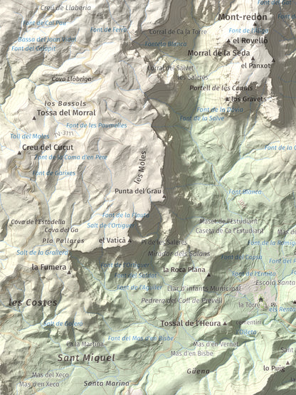 Mapa de relieve de Cavall Bernat de Llaberia, 840 m, Baix Camp, lámina 100 Cims de Trobart. Detalle de la zona inferior izquierda. 30 × 40 cm.