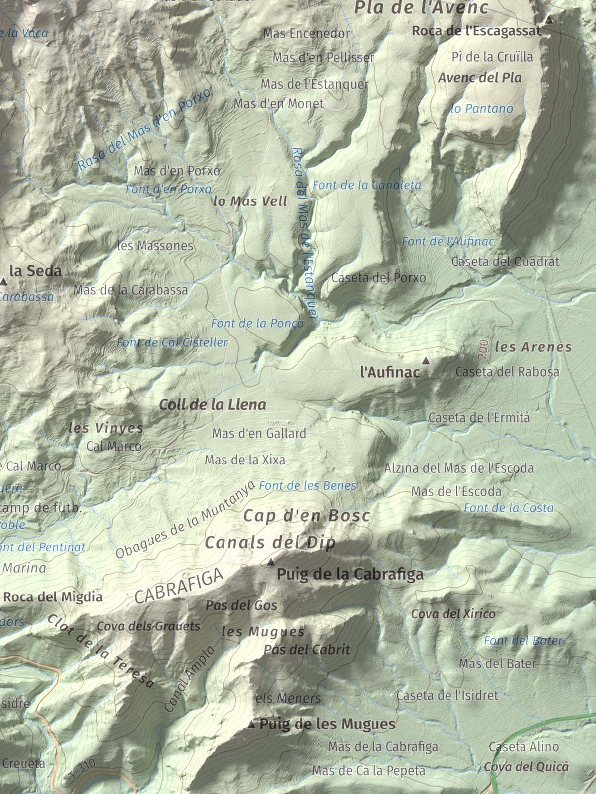 Mapa de relieve de Cavall Bernat de Llaberia, 840 m, Baix Camp, lámina 100 Cims de Trobart. Detalle de la zona inferior derecha. 30 × 40 cm.
