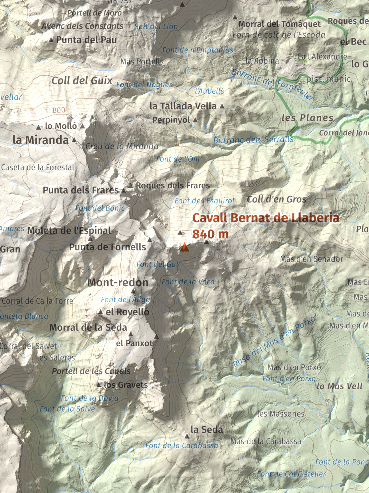 Mapa de relieve de Cavall Bernat de Llaberia, 840 m, Baix Camp, lámina 100 Cims de Trobart. Detalle de la zona central. 30 × 40 cm.