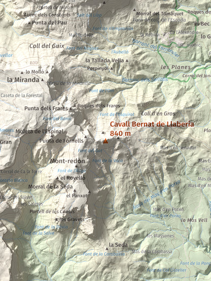 Mapa de relieve de Cavall Bernat de Llaberia, 840 m, Baix Camp, lámina 100 Cims de Trobart. Detalle de la zona central. 30 × 40 cm.