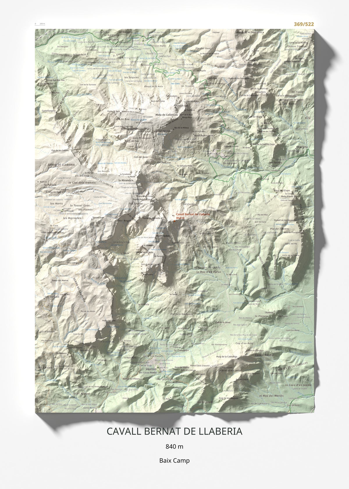 Mapa de relieve de Cavall Bernat de Llaberia, 840 m, Baix Camp, lámina 100 Cims de Trobart 50 × 70 cm.