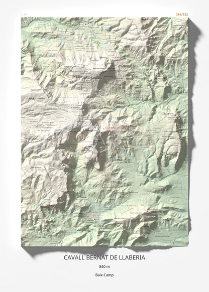 Mapa de relieve de Cavall Bernat de Llaberia, 840 m, Baix Camp, lámina 100 Cims de Trobart 50 × 70 cm.