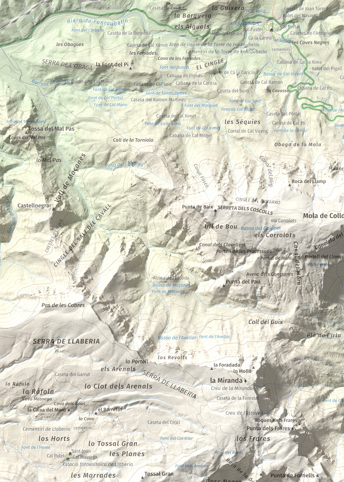 Mapa de relieve de Cavall Bernat de Llaberia, 840 m, Baix Camp, lámina 100 Cims de Trobart. Detalle de la zona superior izquierda. 50 × 70 cm.